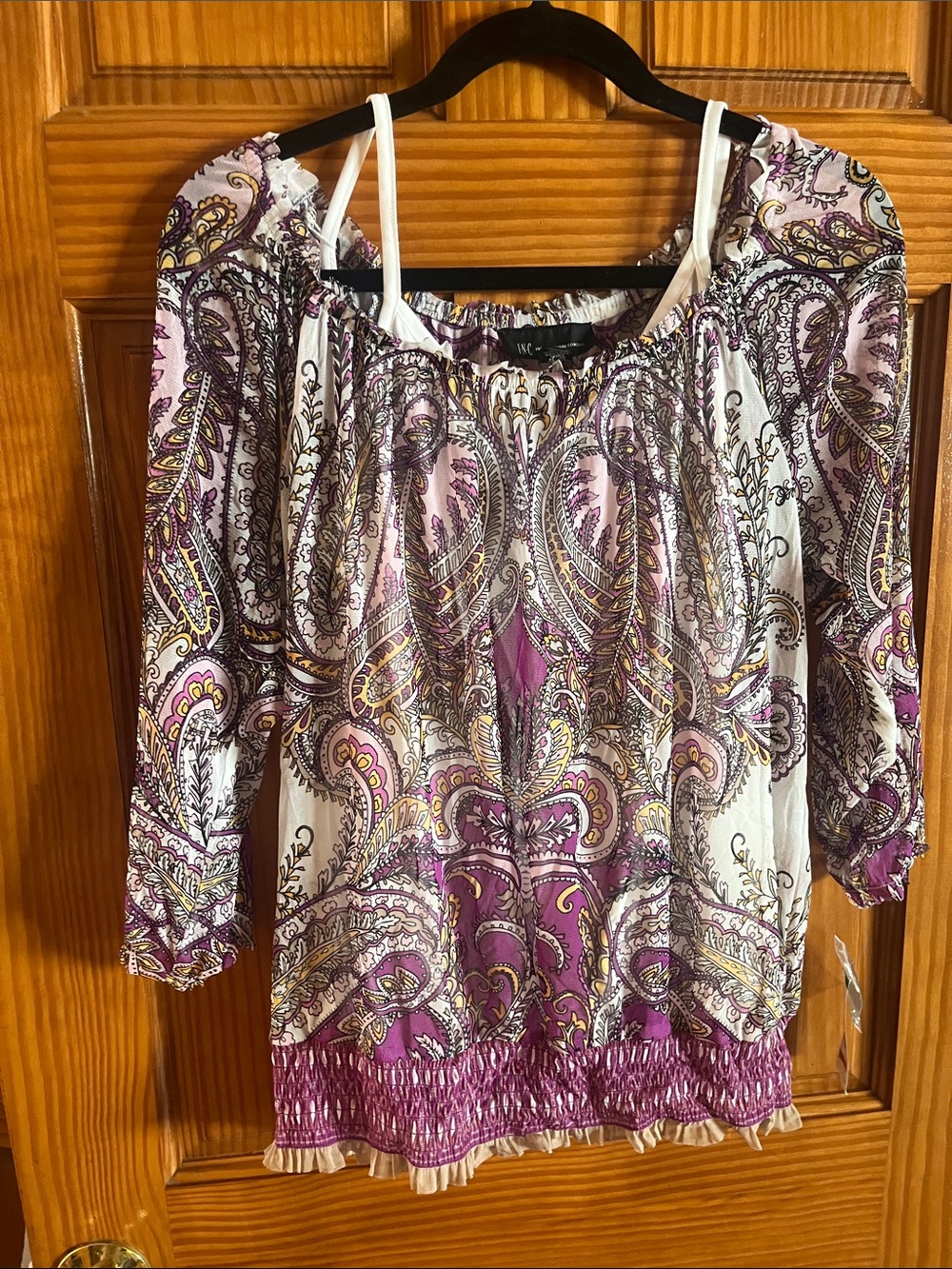 INC International Concepts Purple and White Paisley Off-Shoulder Tunic